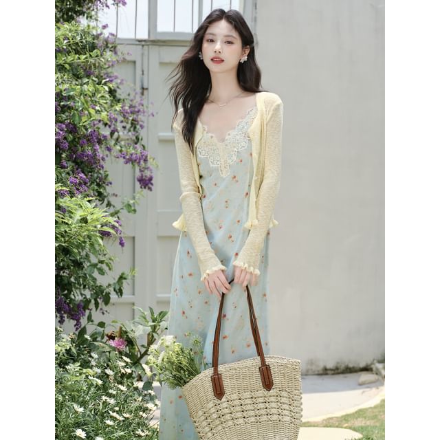 Spaghetti Strap V-Neck Floral Print Maxi A-Line Dress / Plain Cardigan