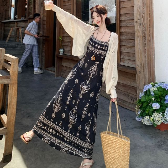 Spaghetti Strap Floral Print Maxi A-Line Dress / Plain Perforated One-Buttoned Cardigan / Set