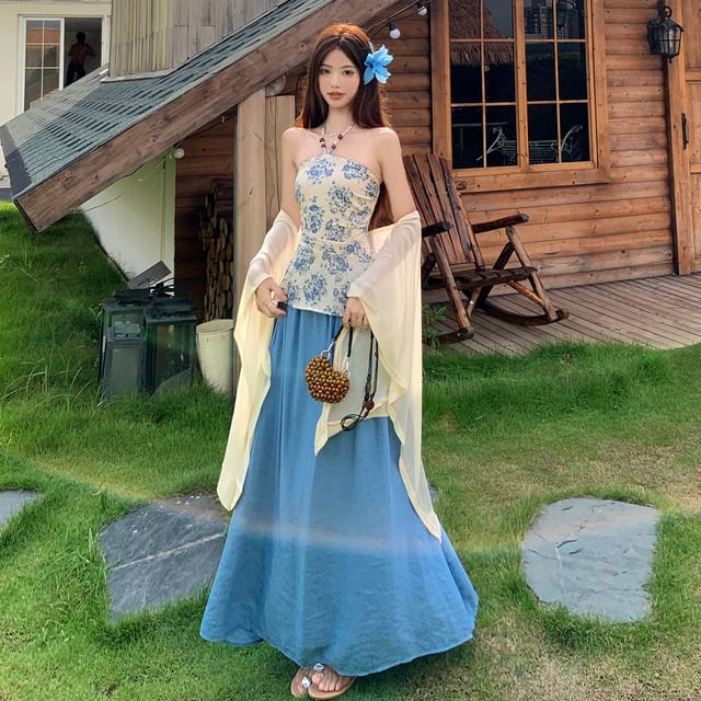 Halter Neck Floral Print Beaded Slim Fit Top / High Rise Plain Maxi A-Line Skirt / Shawl / Set