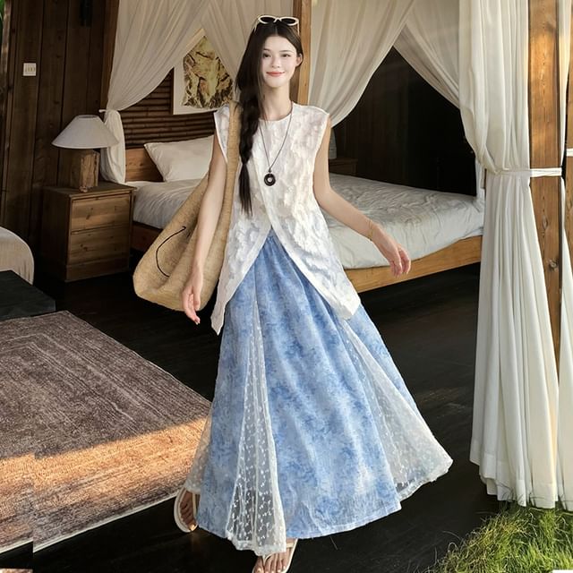 High Waist Floral Print Lace Panel Maxi A-Line Skirt / Sleeveless Crew Neck Jacquard Sheer Slit Top / Camisole Top / Set