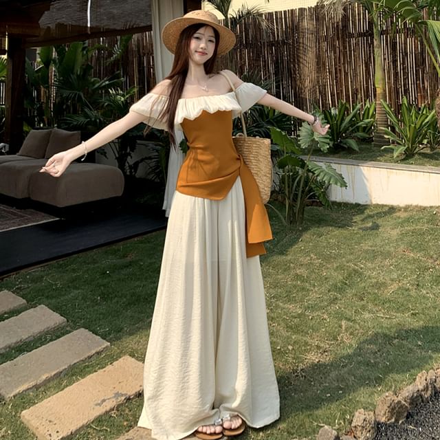 Off-Shoulder Two-Tone Asymmetrical Top / High Rise Wide Leg Pants / Set