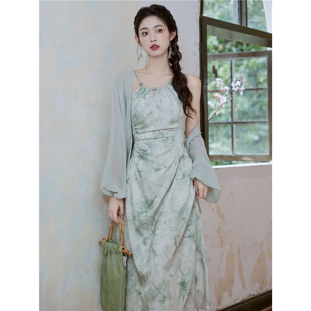 Halter-Neck Tie-Dyed Shirred Midi A-Line Dress / Shrug / Set