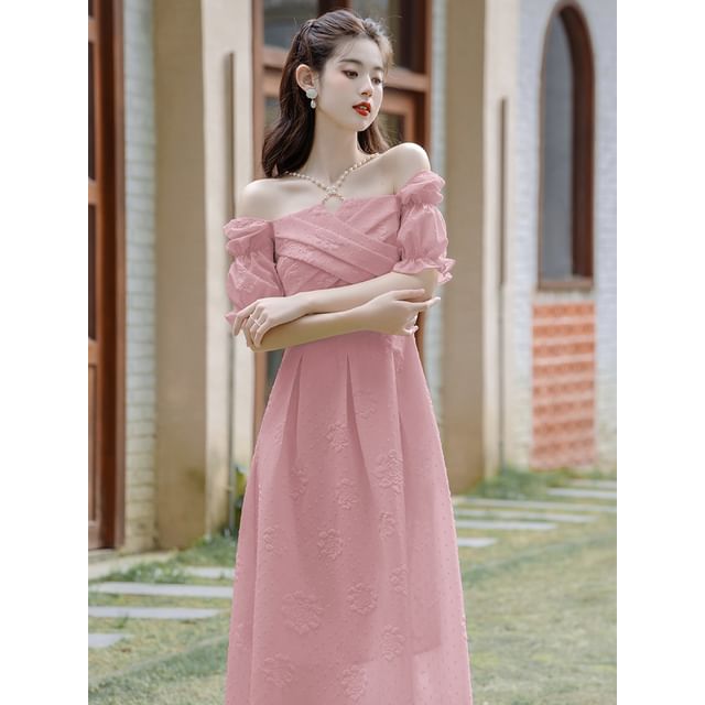 Puff-Sleeve Floral Textured Faux Pearl Midi A-Line Dress