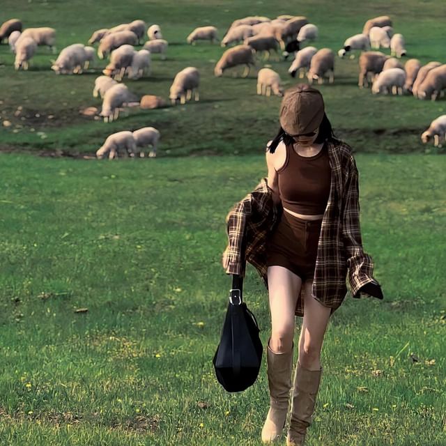 Crew Neck Plain Crop Tank Top / High Waist Shorts / Long-Sleeve Plaid Shirt / Set