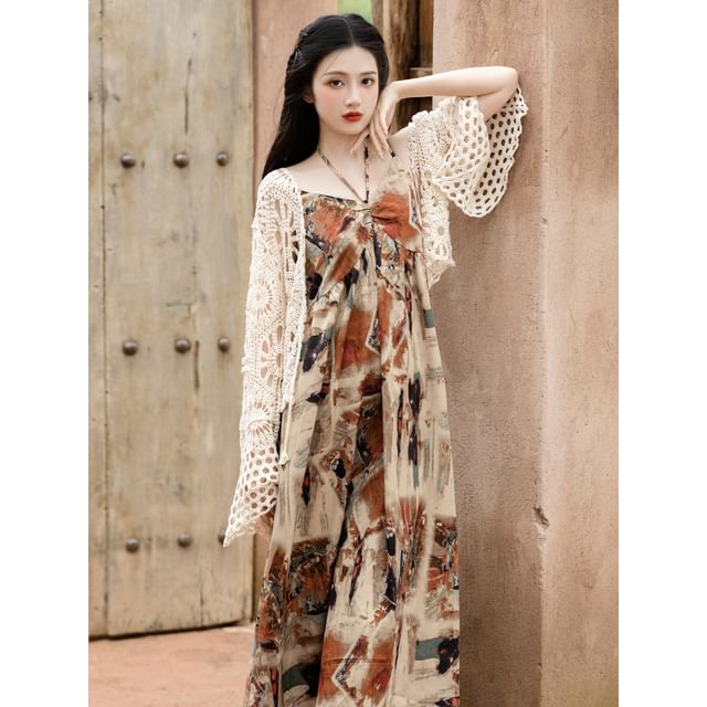 Spaghetti Strap Patterned Maxi Sundress / Crochet Knit Cardigan / Set