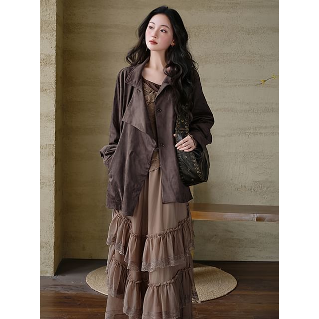 Collared Plain Single Breasted Trench Jacket / Long-Sleeve Scoop Neck Plain Ruffle Trim Top / High Waist Maxi Tiered Skirt / Set