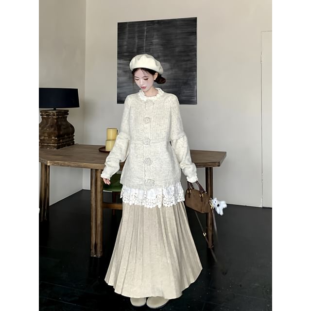 Crew Neck Plain Button Up Cardigan / Long-Sleeve Plain Lace Blouse / High Waist Maxi Pleated Skirt / Set