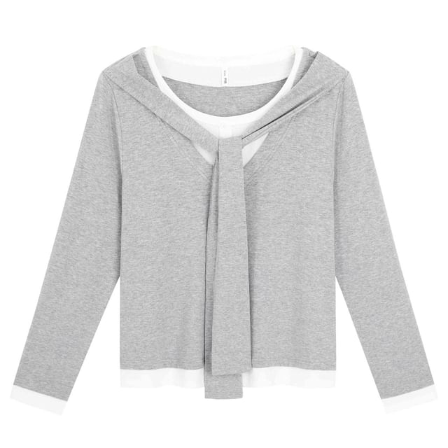 Mock Two-Piece Long-Sleeve Crew Neck Two Tone T-Shirt