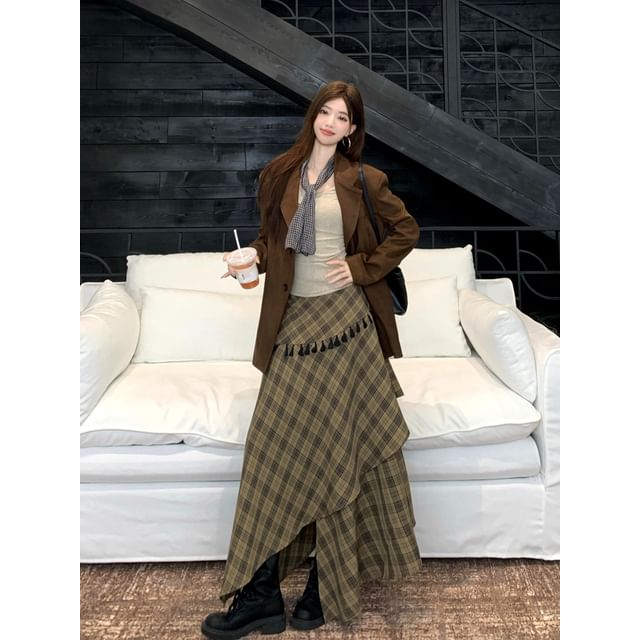 Notch Lapel Plain Faux Suede Single Breasted Blazer / Long Sleeve Scoop Neck Lettering Embroidered T-Shirt / High Rise Plaid Tassel Asymmetrical Maxi A-Line Skirt / Scarf / Set