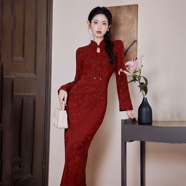 Long Sleeve Mandarin Collar Keyhole Tie-Up Jacquard Maxi Sheath Dress