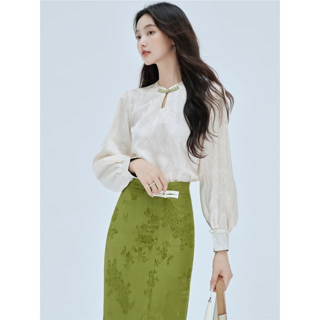 Long-Sleeve Frog Buttoned Top / High Rise Maxi Skirt / Set