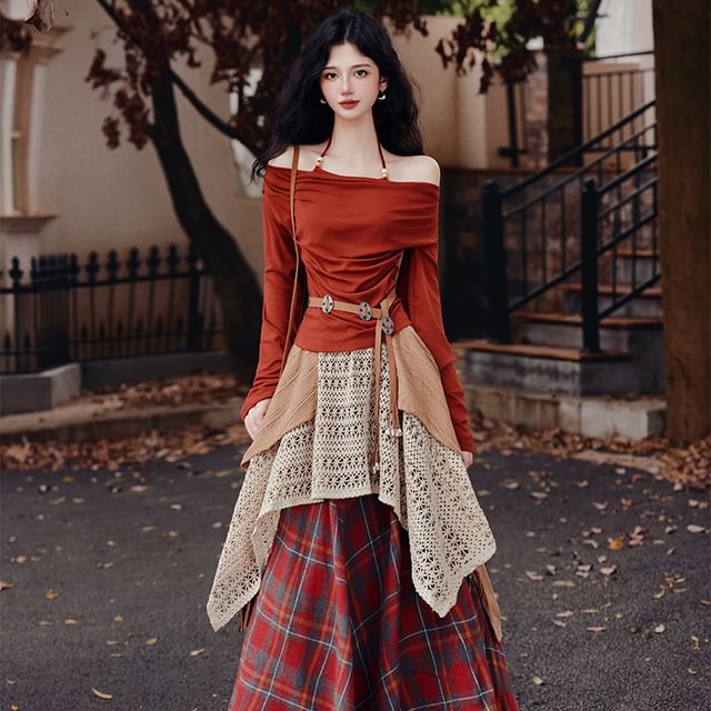 Long-Sleeve Halter Neck Plain Top / Belt / High Waist Plaid Maxi A-Line Skirt / Set