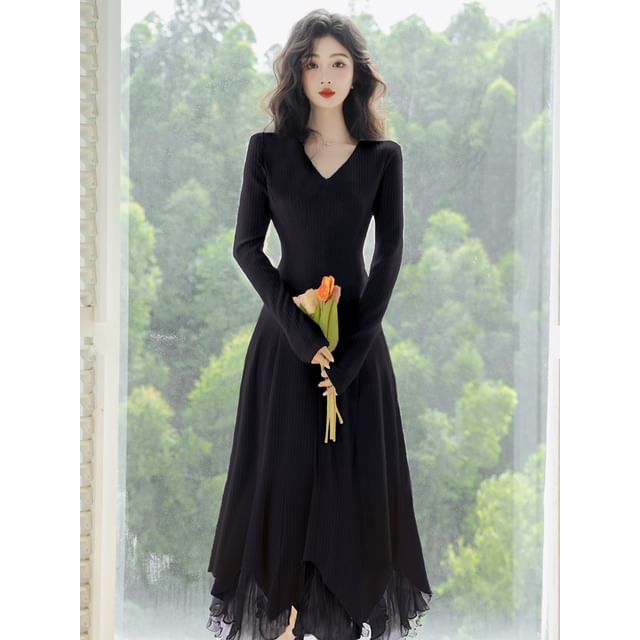 Long-Sleeve V-Neck Plain Midi A-Line Dress