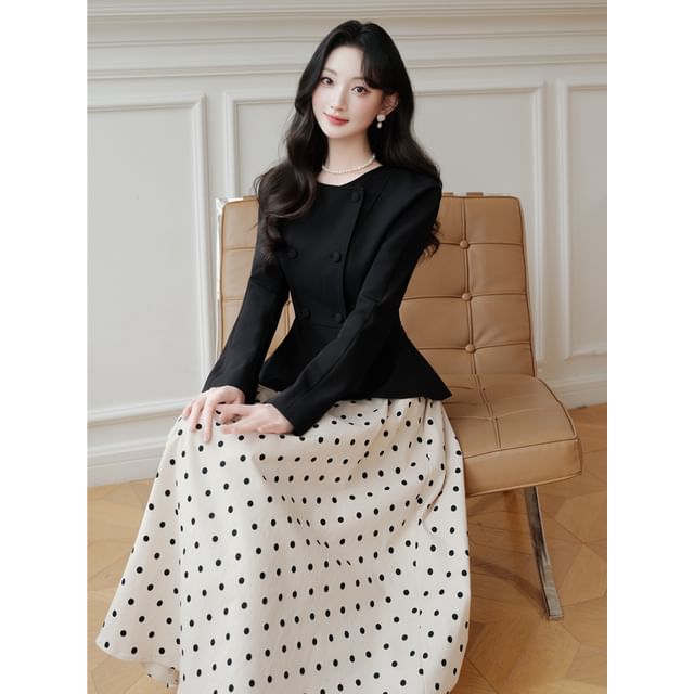 Round Neck Plain Peplum Double Breasted Jacket / High Rise Dotted Maxi A-Line Skirt / Set