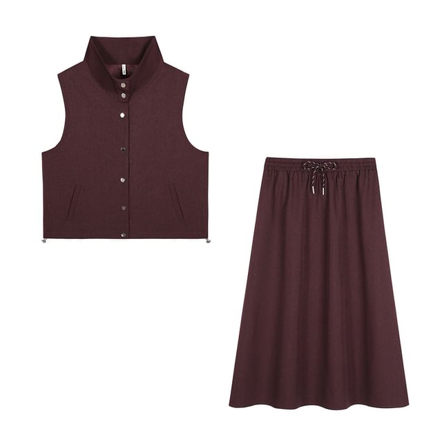 Set: Stand Collar Plain Button Vest + Drawstring Waist Midi A-Line Skirt