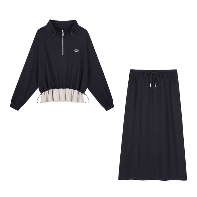 Set: Mock Two-Piece Mock Neck Lettering Half-Zip Pullover + Drawstring Waist Midi H-Line Skirt
