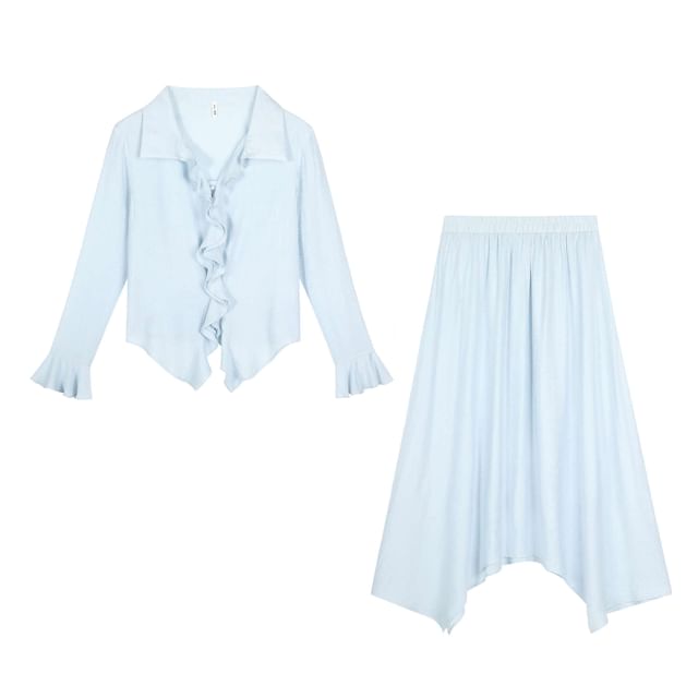 Set: Long Sleeve V-Neck Plain Ruffle Blouse + High Rise Asymmetrical Midi A-Line Skirt