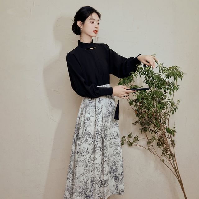 Set: Mock Neck Plain Top + High Waist Print Midi A-Line Skirt (Various Designs)