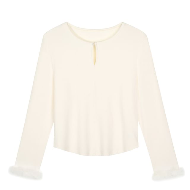 Long Sleeve Round Neck Plain Detachable Fluffy Trim Keyhole Top