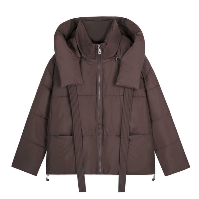 Stand Collar Plain Bear Ear Hood Zip Puffer Jacket