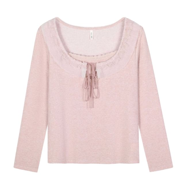 Mock Two-Piece Long-Sleeve Square Neck Lace Trim Tie Front Tee