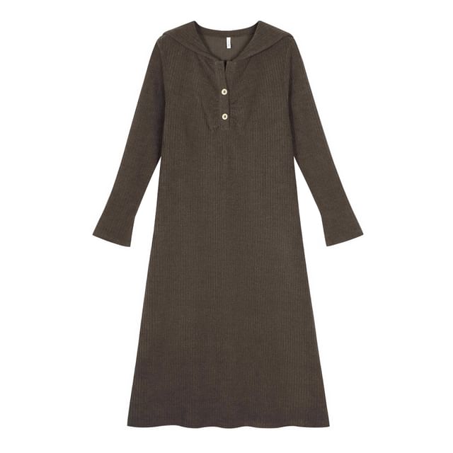 Long-Sleeve Sailor Collar Plain Ruched Midi Shift Knit Dress