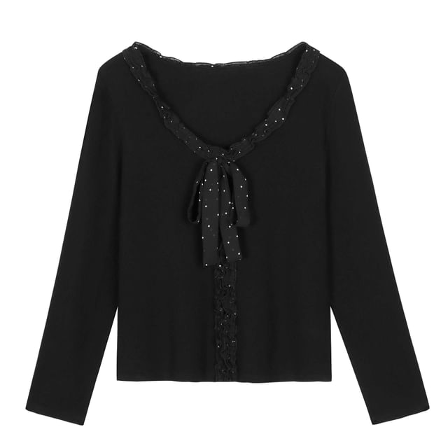 Long-Sleeve V-Neck Dotted Bow Accent Frill Trim Slim Fit T-Shirt