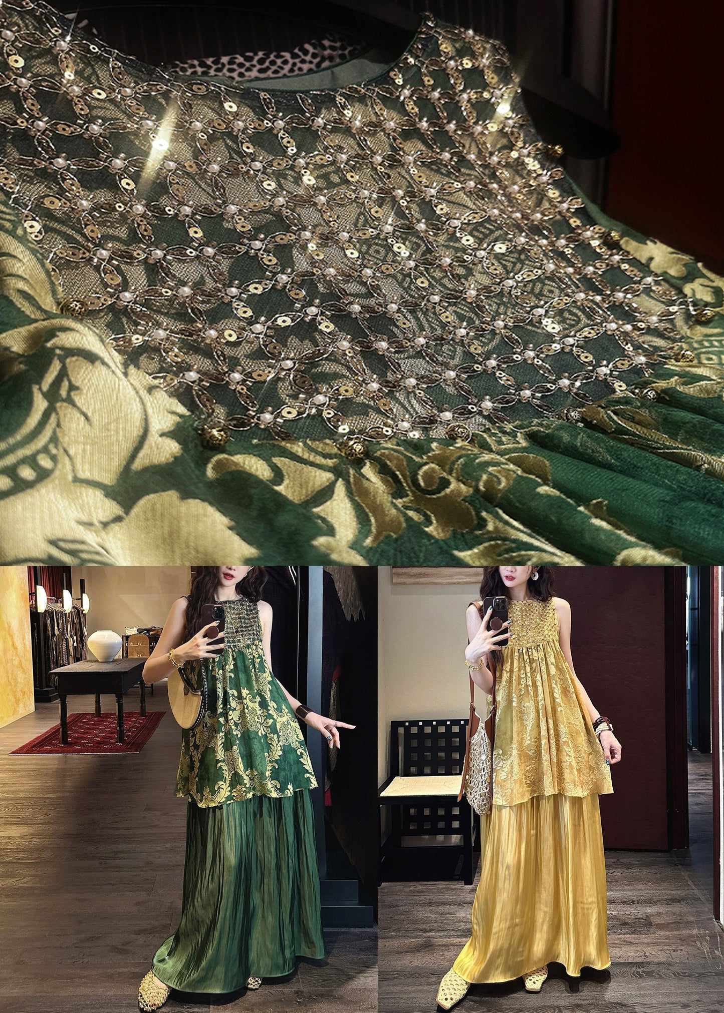 O Two Neck Silk Summer Patchwork Dress Yellow Pieces False