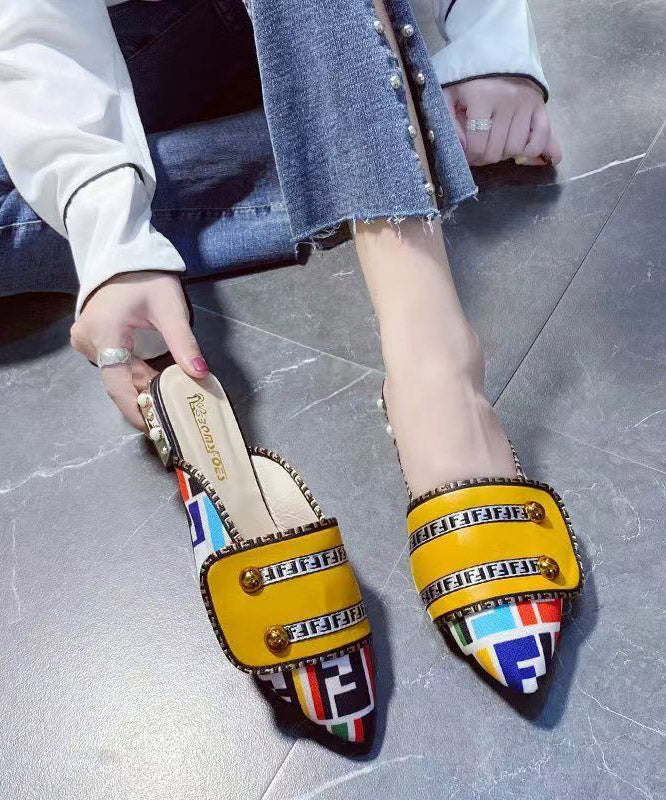 Sandals Toe Pointed Splicing Unique Slide Leather Yellow Faux