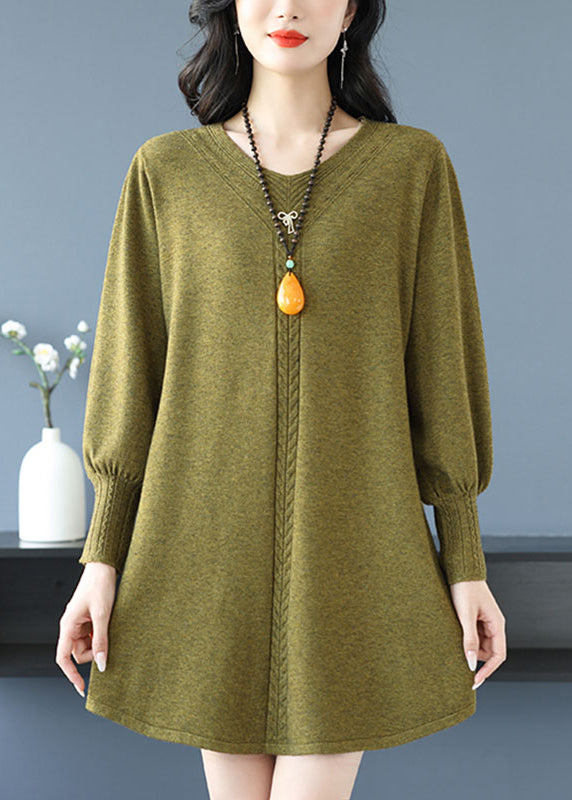 Gelbgrüner V-Ausschnitt-Strickpullover aus Baumwolle TE031