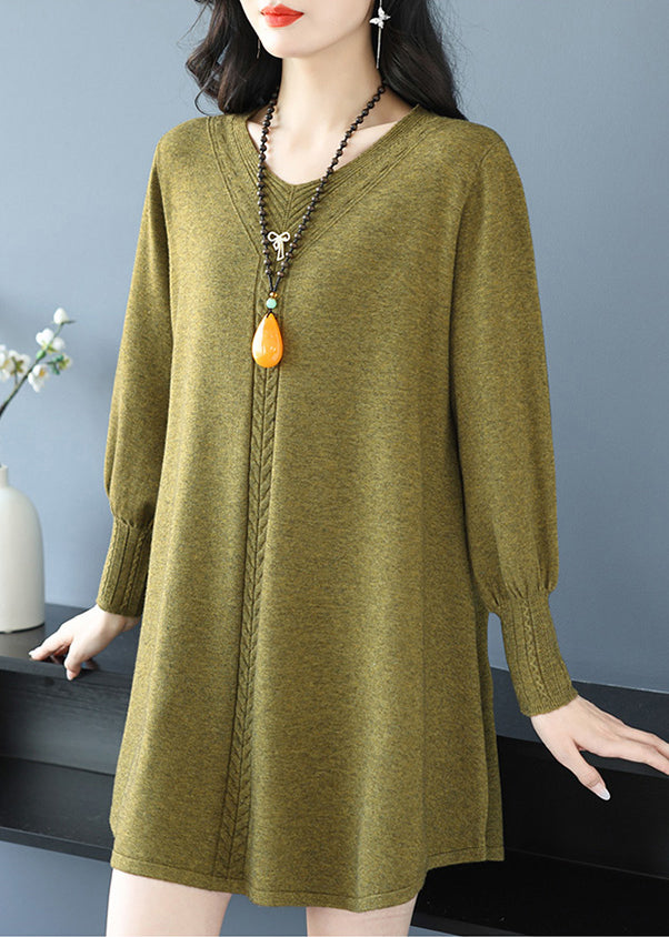 Gelbgrüner V-Ausschnitt-Strickpullover aus Baumwolle TE031