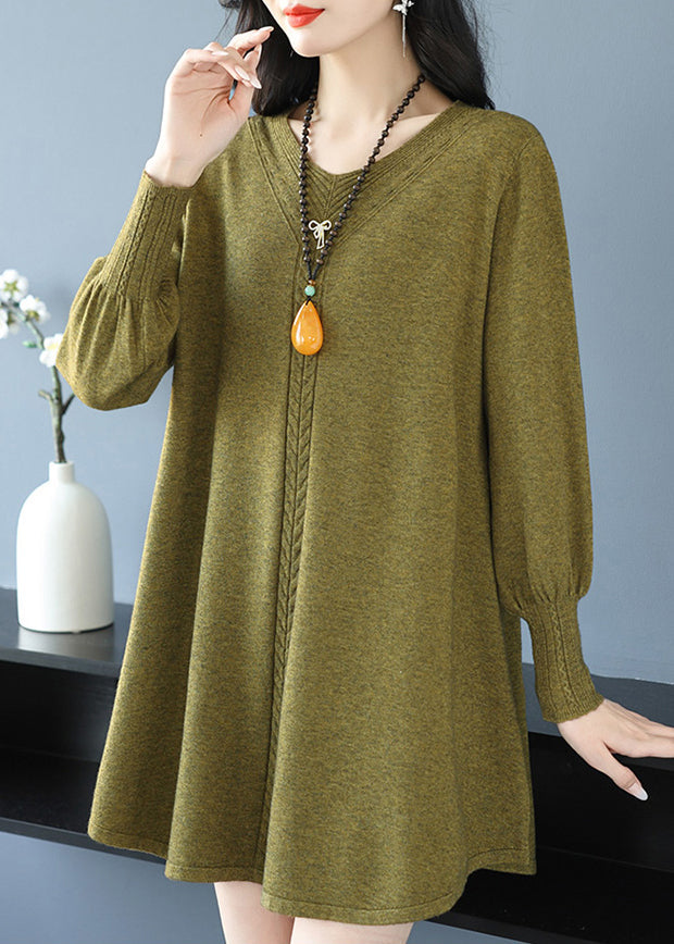 Gelbgrüner V-Ausschnitt-Strickpullover aus Baumwolle TE031