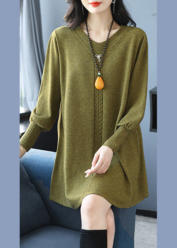 Gelbgrüner V-Ausschnitt-Strickpullover aus Baumwolle TE031