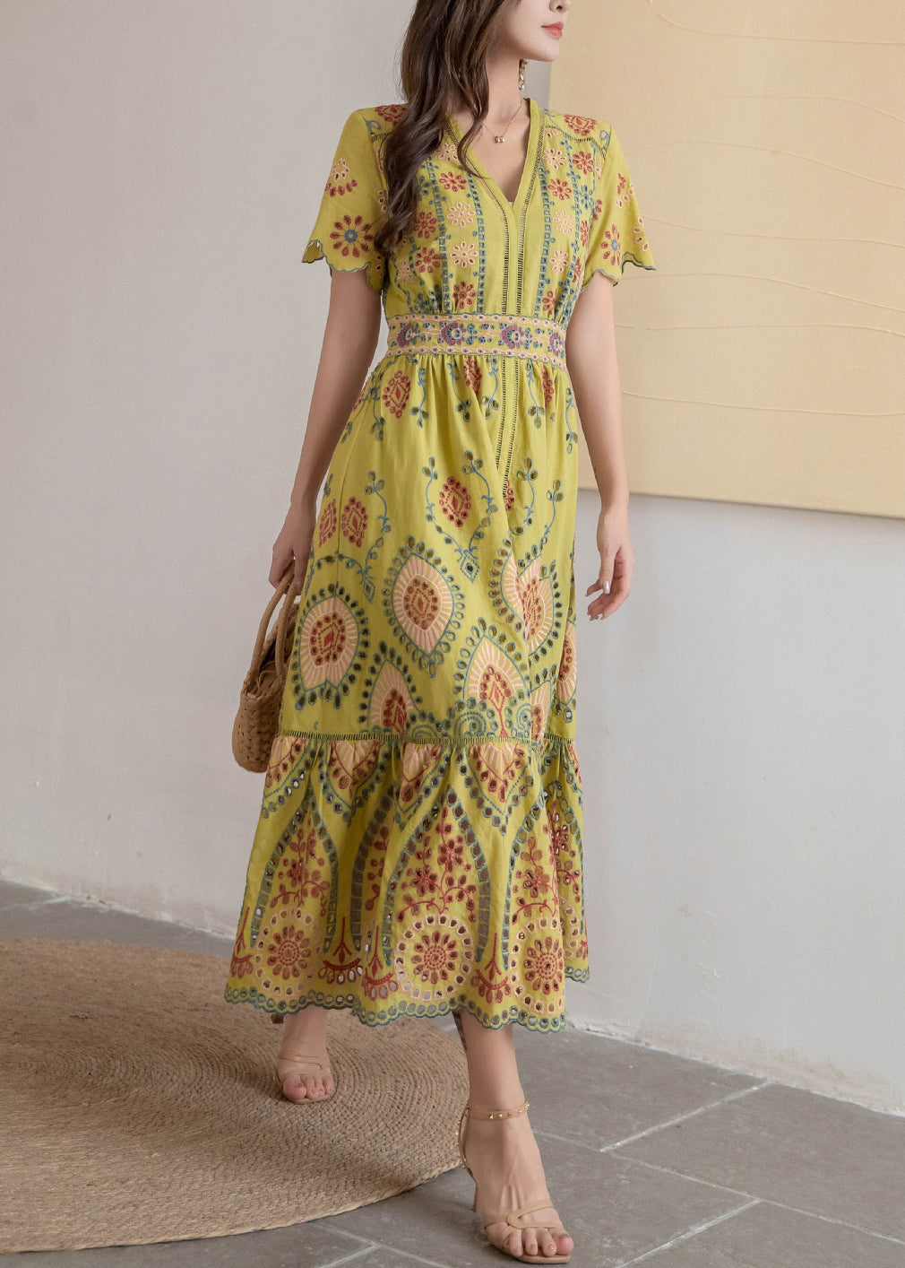 Kleid Hohl Hohe V-Ausschnitt Lange Gelbe Taille Sommer Baumwolle