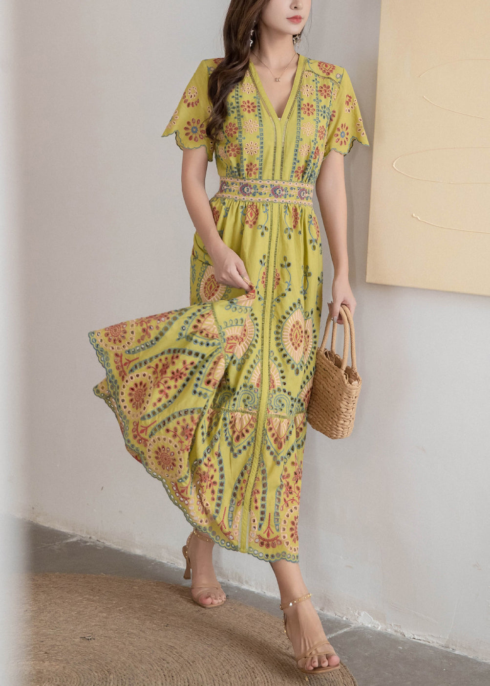 Kleid Hohl Hohe V-Ausschnitt Lange Gelbe Taille Sommer Baumwolle