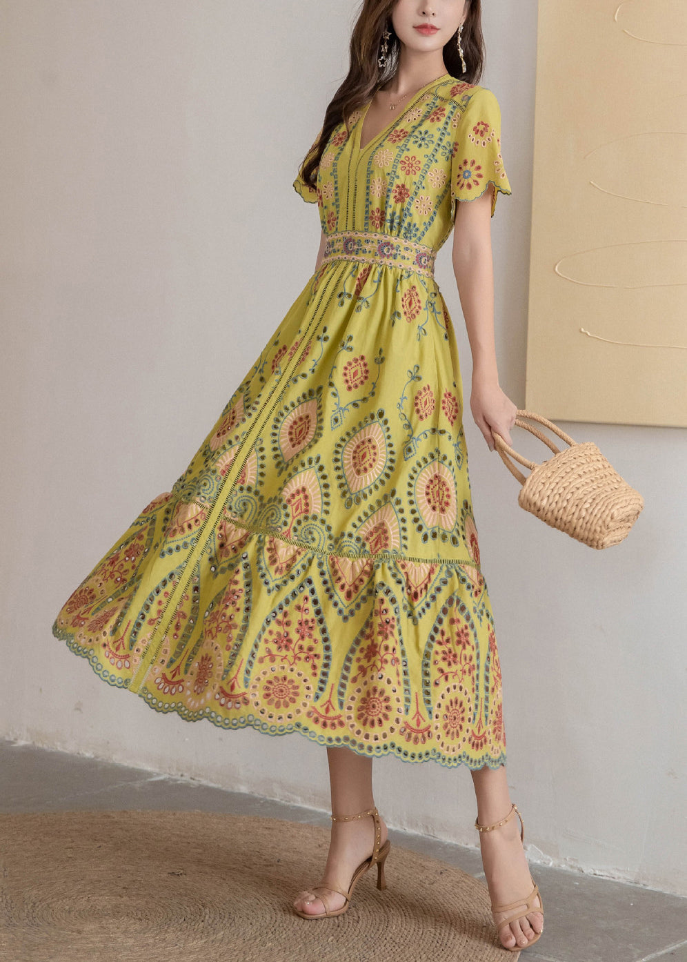 Kleid Hohl Hohe V-Ausschnitt Lange Gelbe Taille Sommer Baumwolle