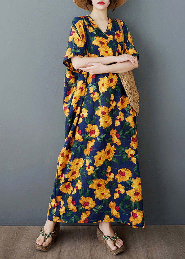 Übergroßes Kleid lang gelb Baumwolle Print Ärmel Fledermaus