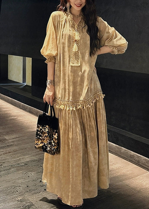 V Yellow Neck Silk Print Dress Half Sleeve Tasseled Long