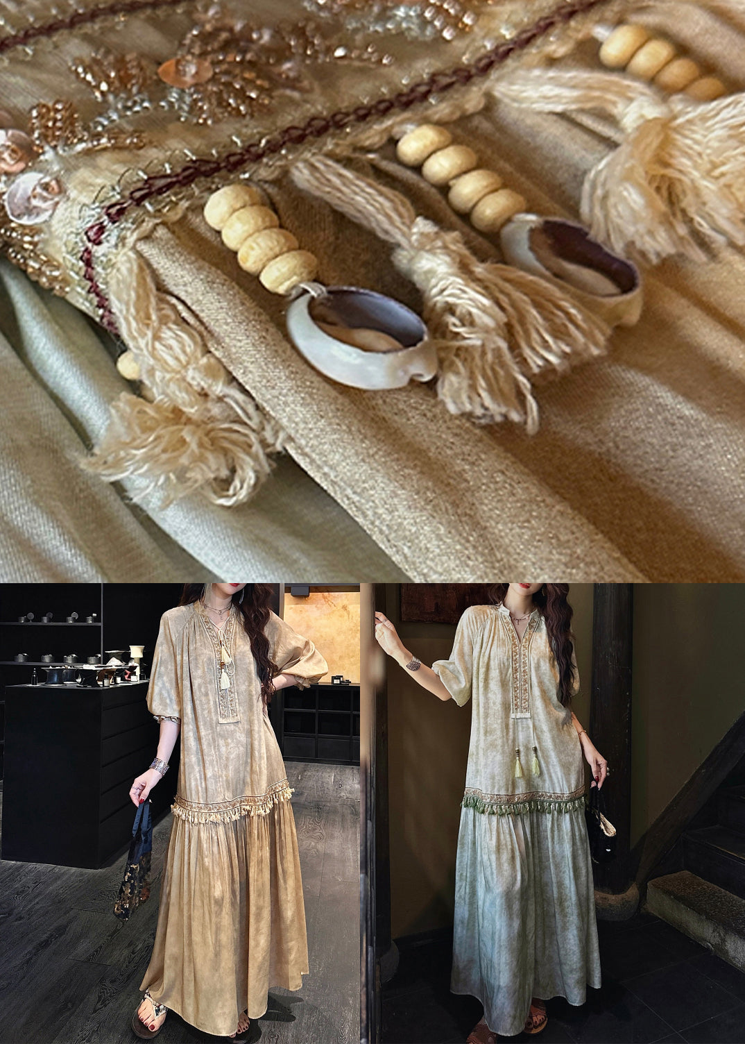 V Yellow Neck Silk Print Dress Half Sleeve Tasseled Long