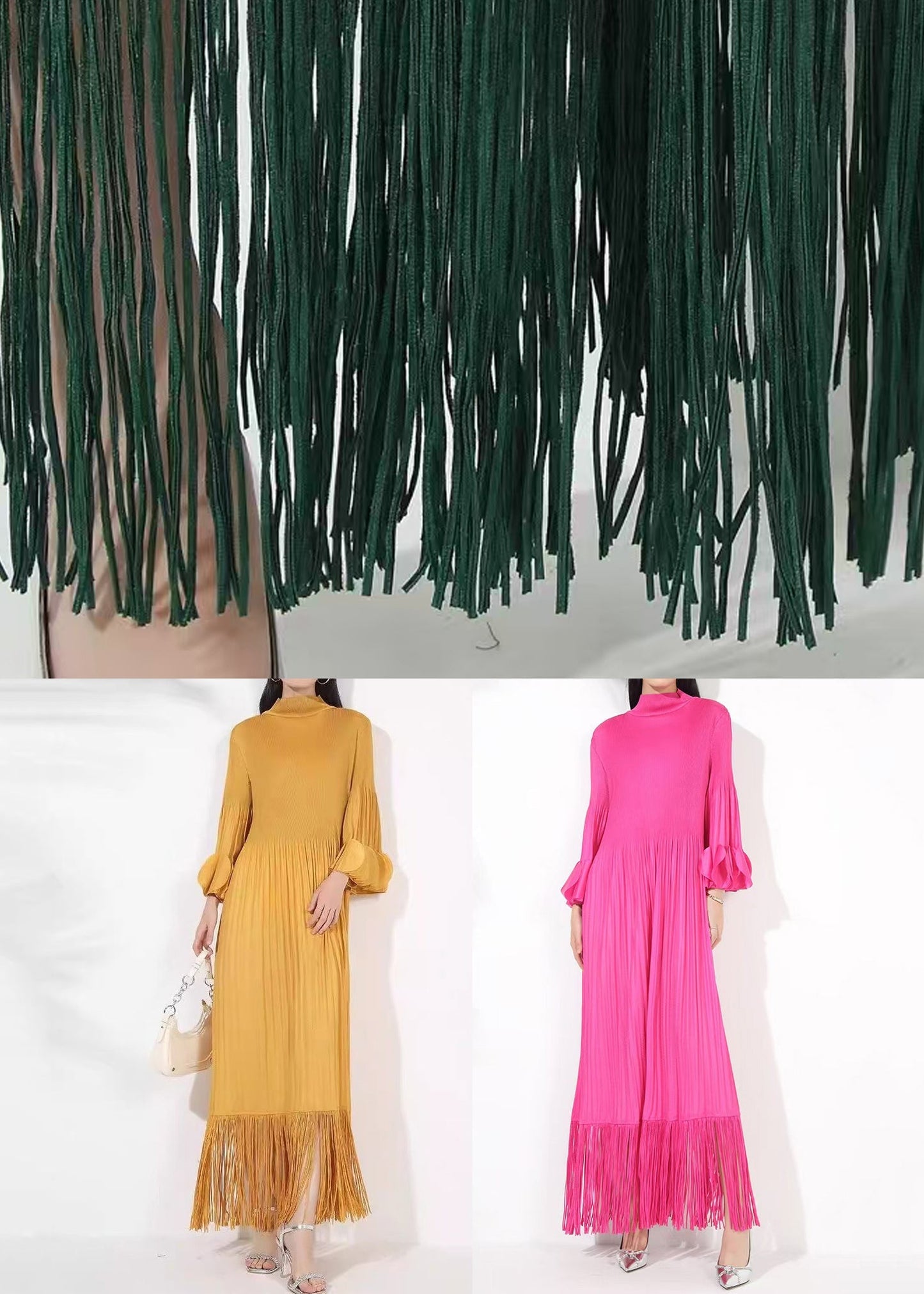Long Tasseled Dress Turtleneck Petal Sleeve Cotton Yellow