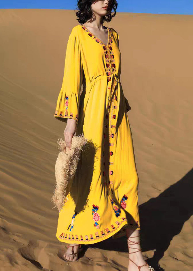 Taille Gelb Herbst Kleid Bestickte Krawatte Lange Baumwolle