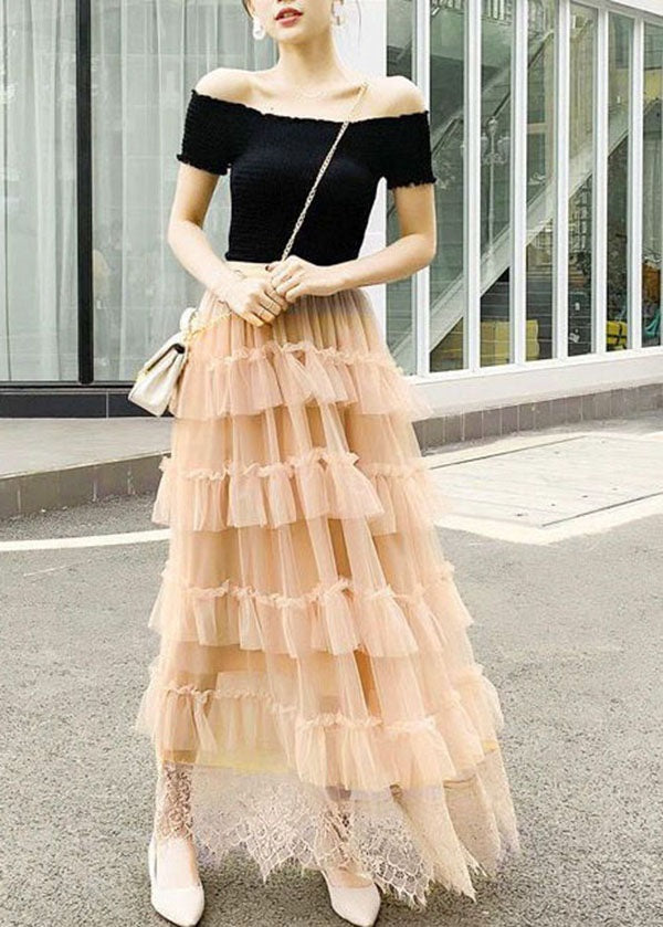 Jupes en tulle patchwork en dentelle froissée abricot mignonnes printemps AZ1021
