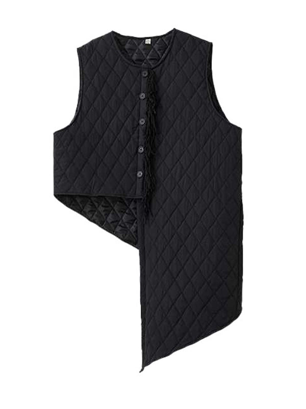 Lässige schwarze asymmetrische Steppweste mit Rundhalsausschnitt und Knöpfen, ärmellos, gepolstert TW014
