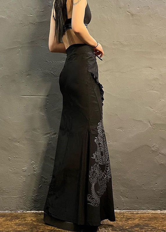 Jupe taille haute en coton à imprimé patchwork oriental noir été AZ1042