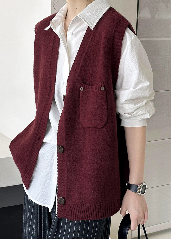 Gilet en tricot confortable avec poches rouge vin et col en V Automne AF1022