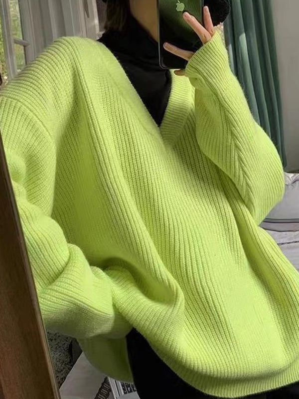 Pull en tricot simple et ample à manches longues et col en V bleu Klein AN1066