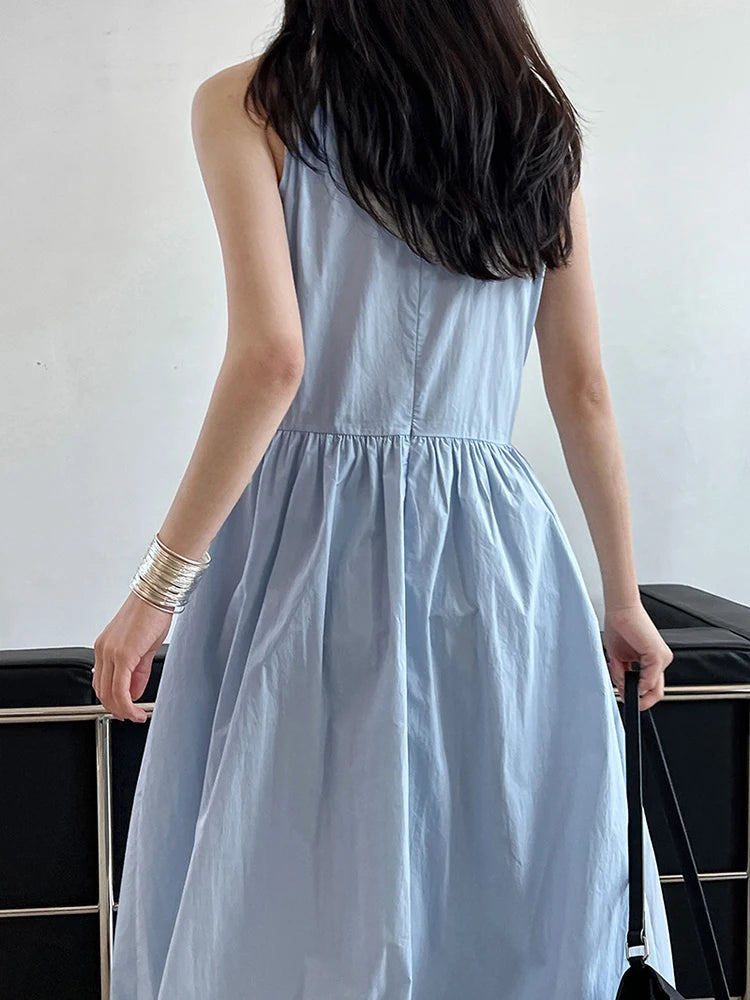 Patchwork-Kleid mit O-Ausschnitt, schlicht, ärmellos, blau, Puffsaum