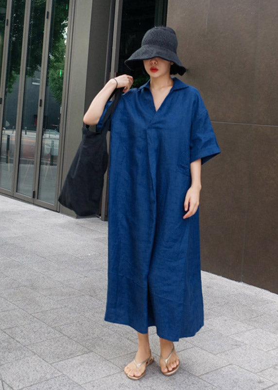 Faltenkleid mit offenen Ärmeln, seitlich, kurz, Leinen, Blau
