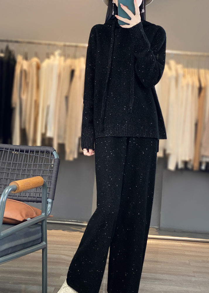 Ensemble deux pièces en laine bio noir avec pull à capuche et pantalon, automne WV018