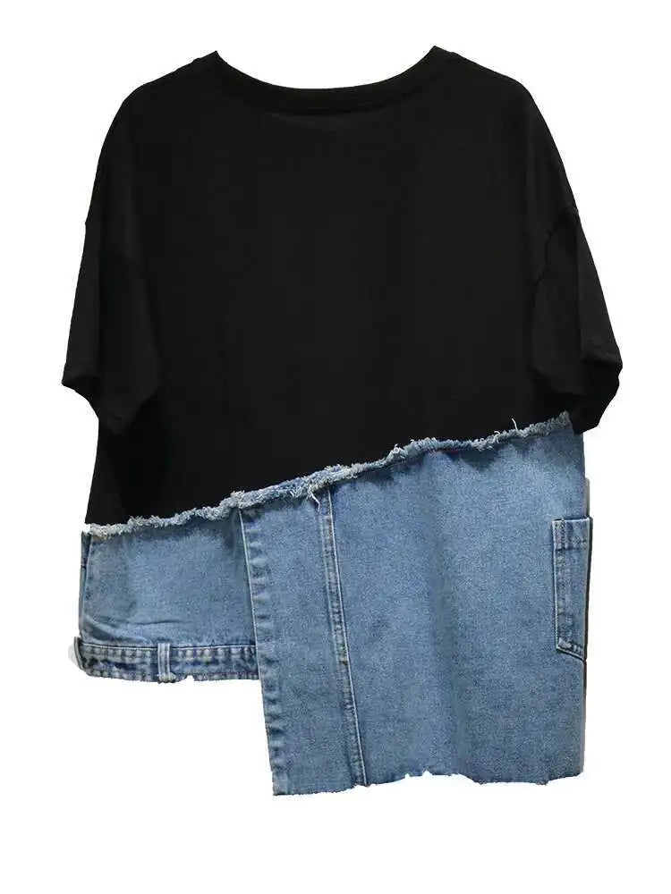 T-shirt court blanc à manches patchwork et ourlet rond en denim Street